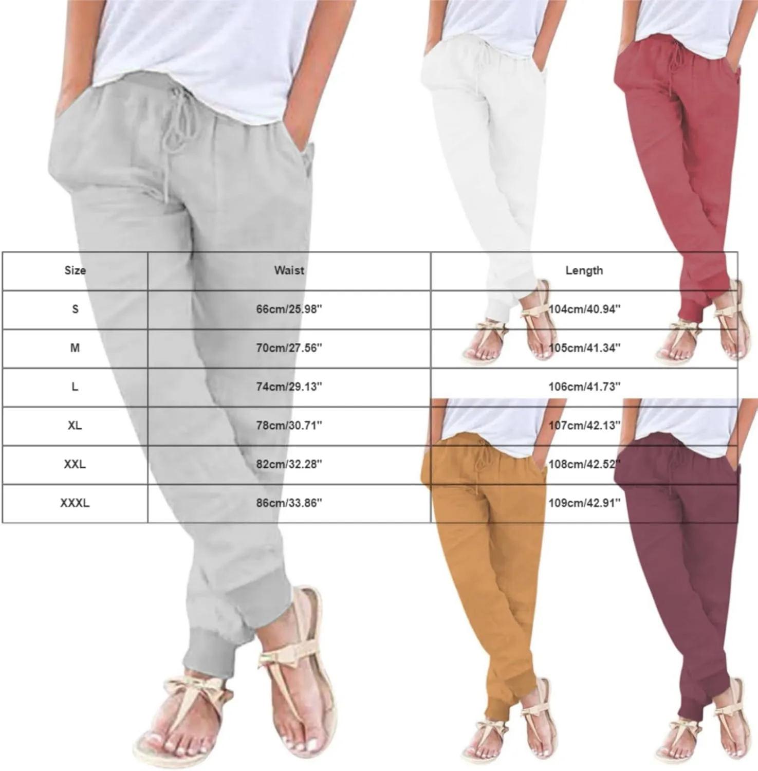 Womens Cotton Linen Tapered Pants Summer Drawstring Elastic Waist Pants Casual Trousers with Pockets