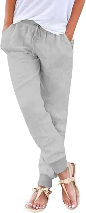 Womens Cotton Linen Tapered Pants Summer Drawstring Elastic Waist Pants Casual Trousers with Pockets