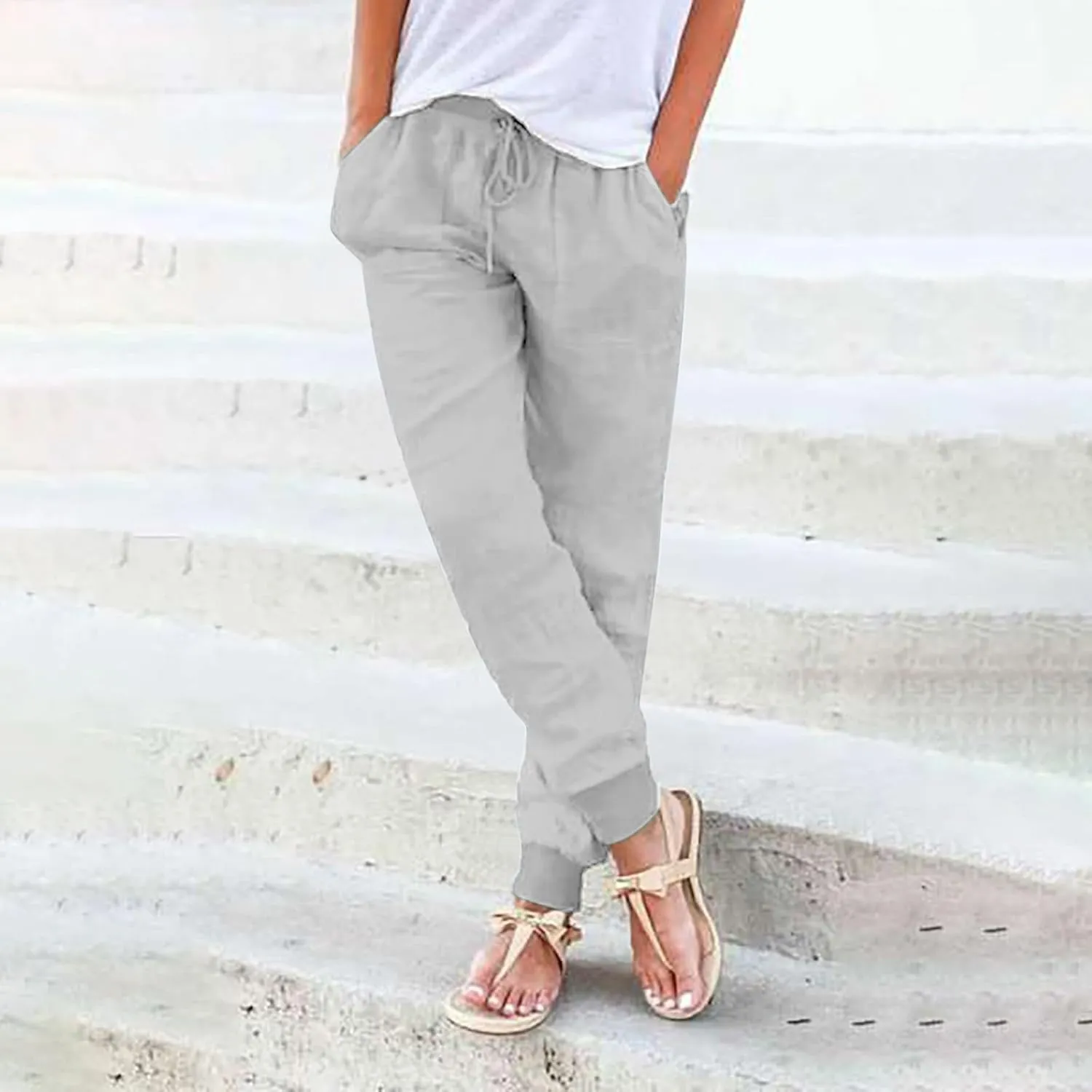 Womens Cotton Linen Tapered Pants Summer Drawstring Elastic Waist Pants Casual Trousers with Pockets