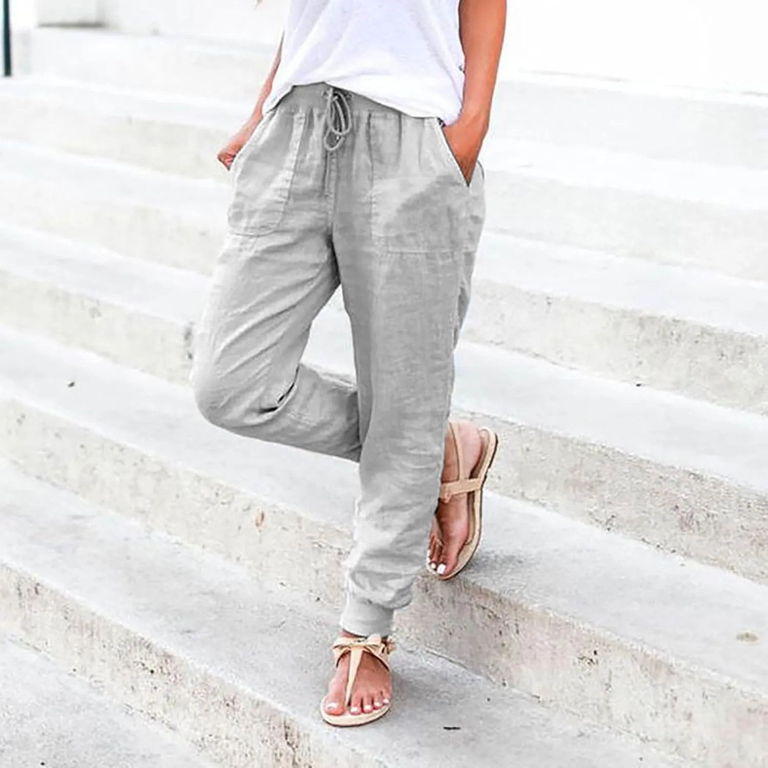 Womens Cotton Linen Tapered Pants Summer Drawstring Elastic Waist Pants Casual Trousers with Pockets