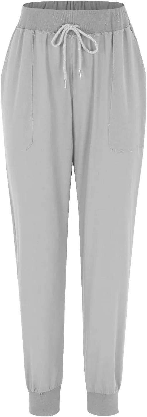 Womens Cotton Linen Tapered Pants Summer Drawstring Elastic Waist Pants Casual Trousers with Pockets