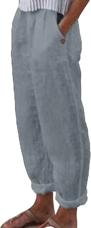 Women's Cotton Linen Trousers Classic Basic Elastic Waist Loose Fit Pants with Pockets Summer Straight Leg Lounge Pants