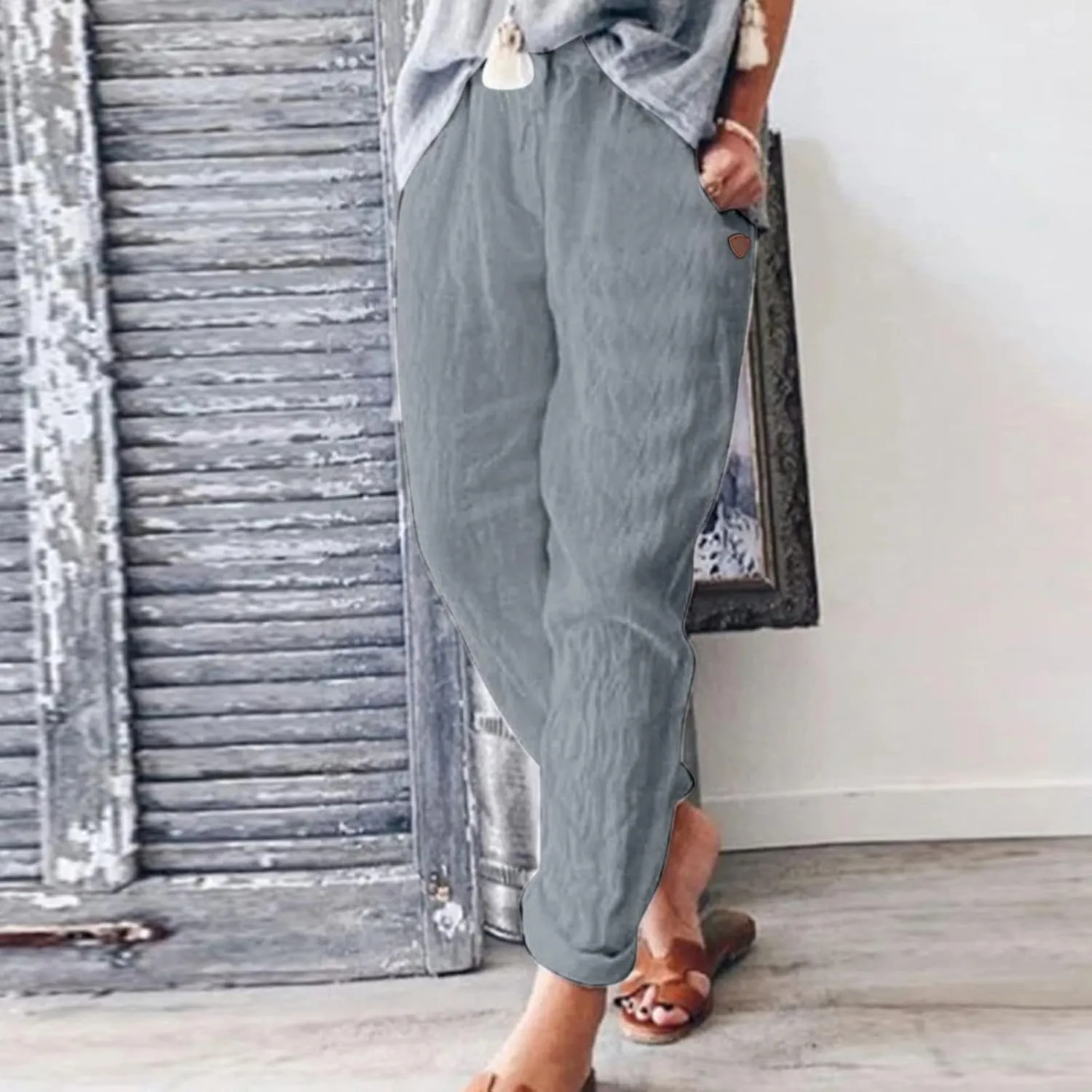Women's Cotton Linen Trousers Classic Basic Elastic Waist Loose Fit Pants with Pockets Summer Straight Leg Lounge Pants