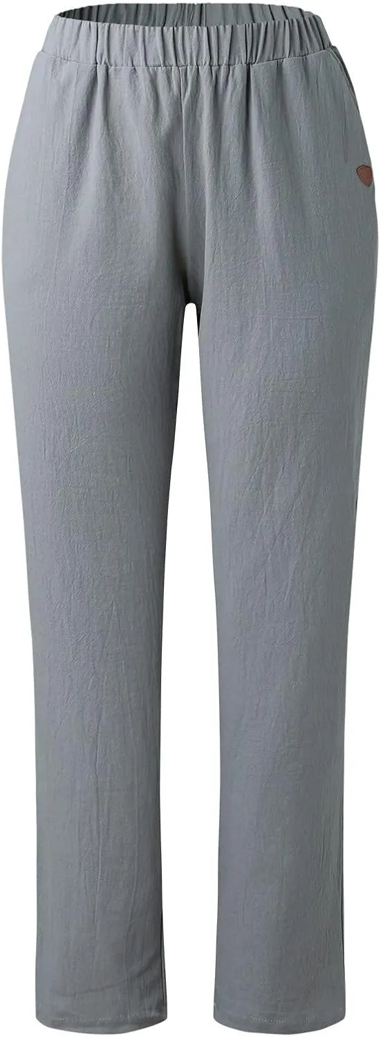 Women's Cotton Linen Trousers Classic Basic Elastic Waist Loose Fit Pants with Pockets Summer Straight Leg Lounge Pants