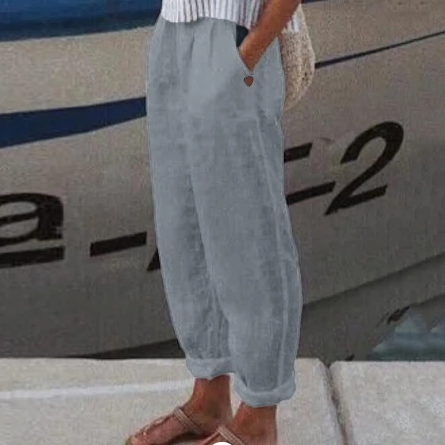 Women's Cotton Linen Trousers Classic Basic Elastic Waist Loose Fit Pants with Pockets Summer Straight Leg Lounge Pants