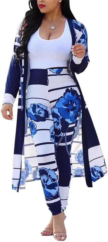 Womens Floral Print Long Sleeve Cardigan Cover up Long Pants 2 Piece Outfits Set