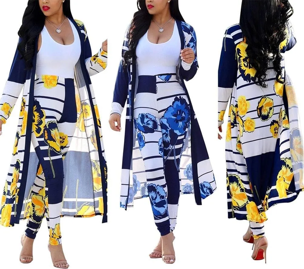 Womens Floral Print Long Sleeve Cardigan Cover up Long Pants 2 Piece Outfits Set
