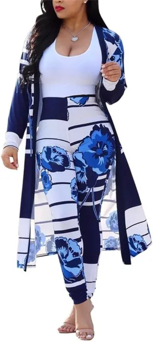 Womens Floral Print Long Sleeve Cardigan Cover up Long Pants 2 Piece Outfits Set