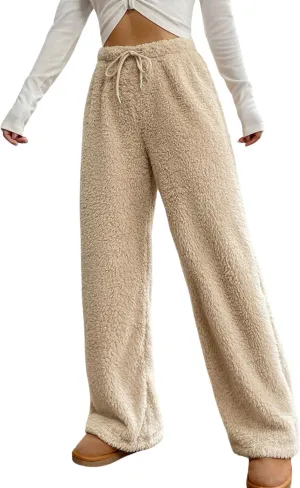 Women's Fuzzy Lounge Pants Comfy Warm Fleece Pajama Long Pants Drawstring Elastic Waist Wide Leg Bottoms