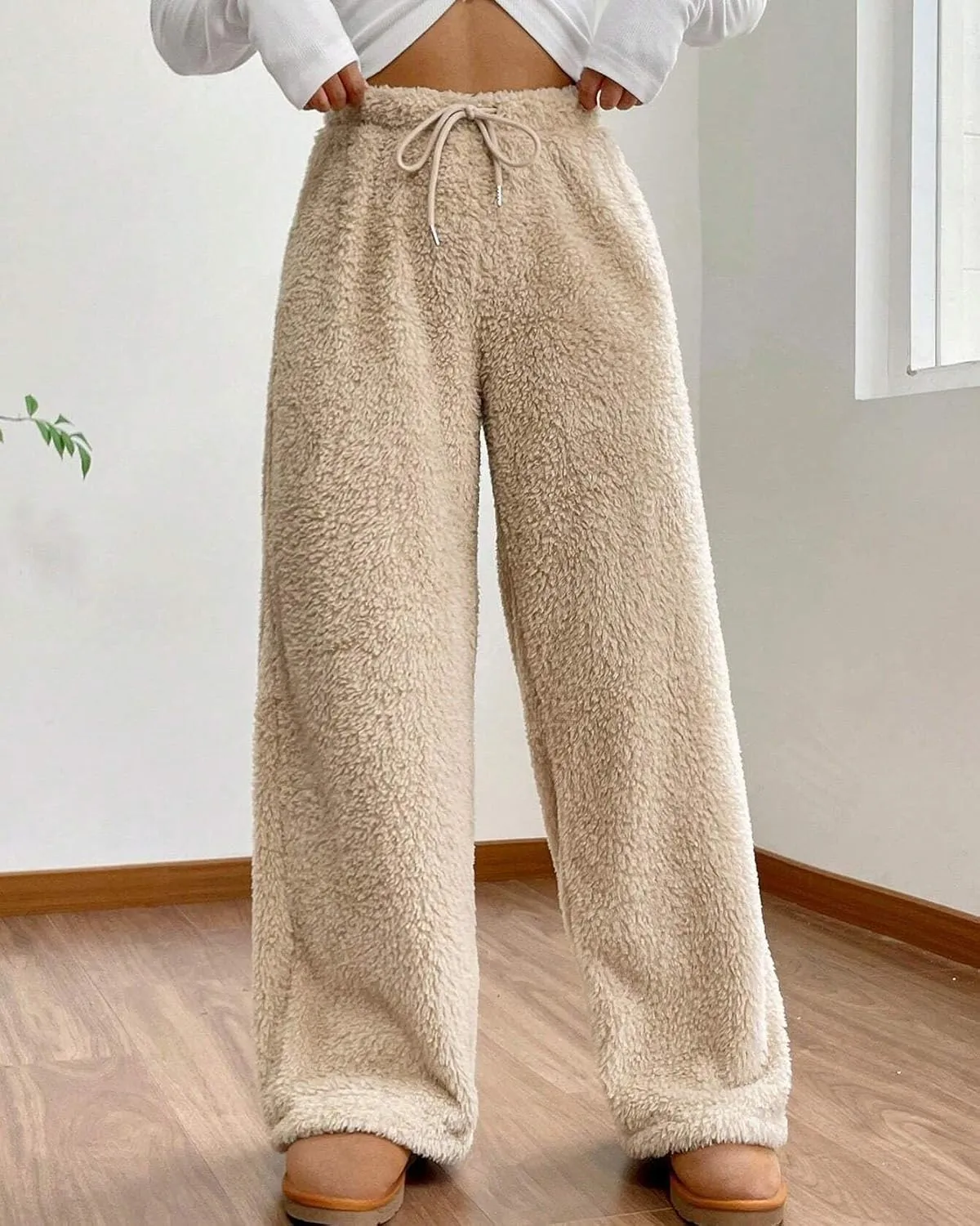 Women's Fuzzy Lounge Pants Comfy Warm Fleece Pajama Long Pants Drawstring Elastic Waist Wide Leg Bottoms