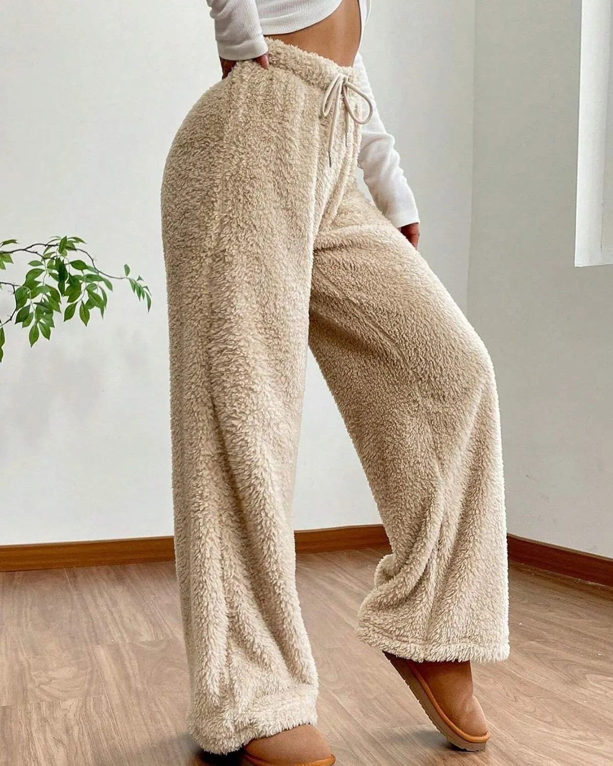 Women's Fuzzy Lounge Pants Comfy Warm Fleece Pajama Long Pants Drawstring Elastic Waist Wide Leg Bottoms
