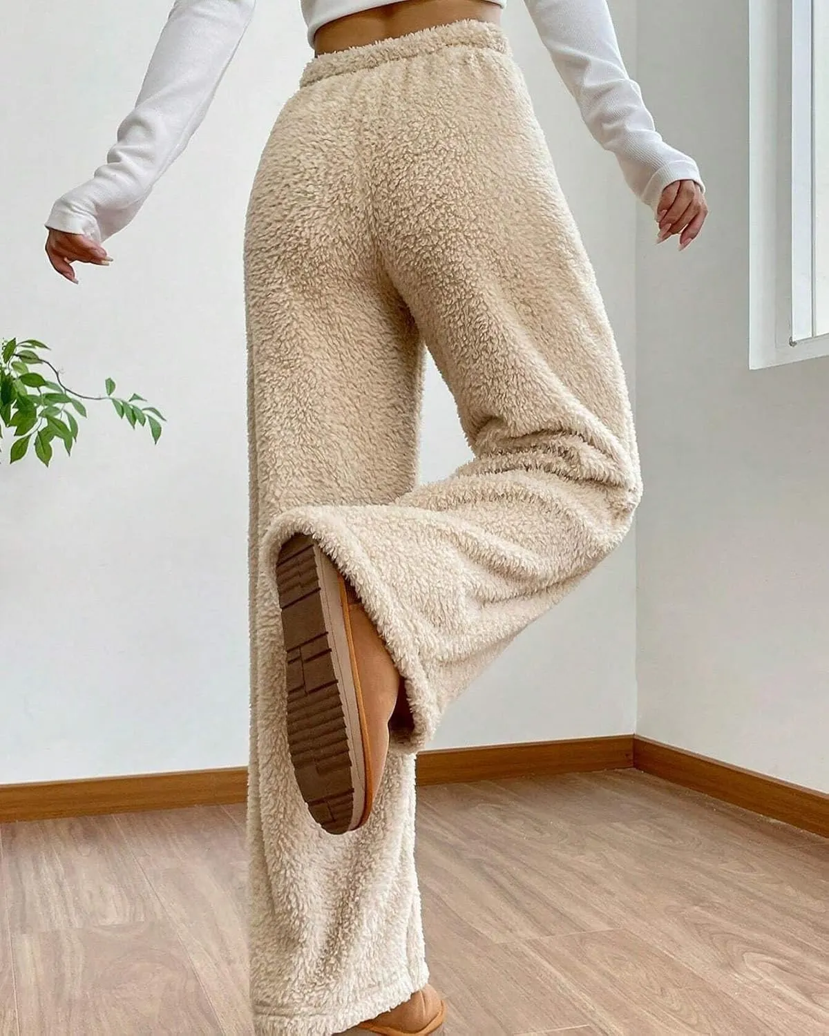 Women's Fuzzy Lounge Pants Comfy Warm Fleece Pajama Long Pants Drawstring Elastic Waist Wide Leg Bottoms