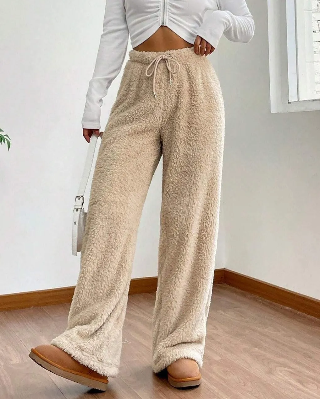 Women's Fuzzy Lounge Pants Comfy Warm Fleece Pajama Long Pants Drawstring Elastic Waist Wide Leg Bottoms