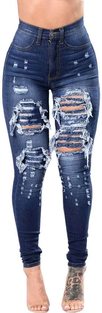 Women's High Waist Stretch Skinny Ripped Jeans Plus Size Slim Destroyed Trousers Sexy Hole Pencil Denim Pants