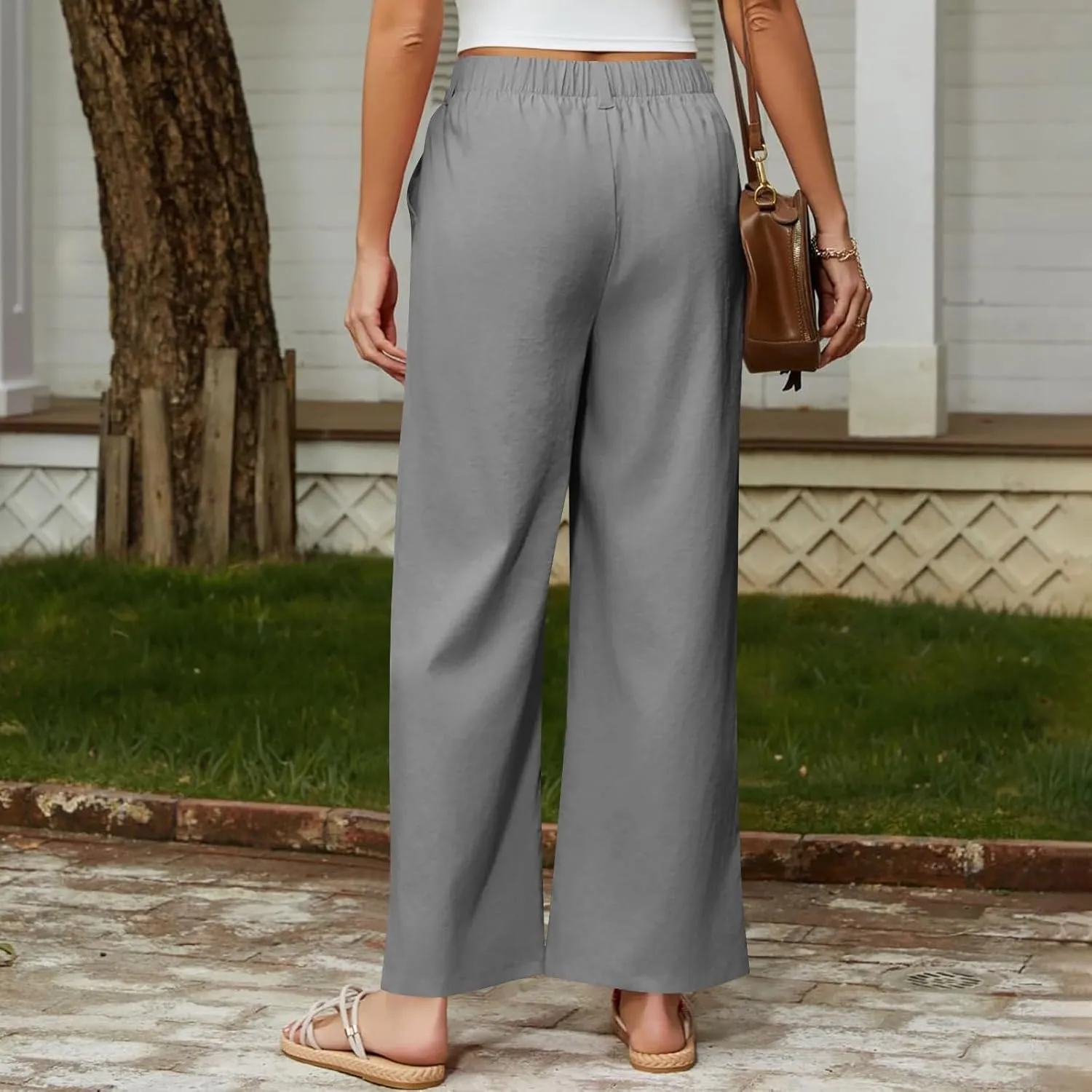 Women's High Waisted Cotton Linen Pants Wide Leg Dress Pants Palazzo Trousers Business Casual Work Pants with Pockets