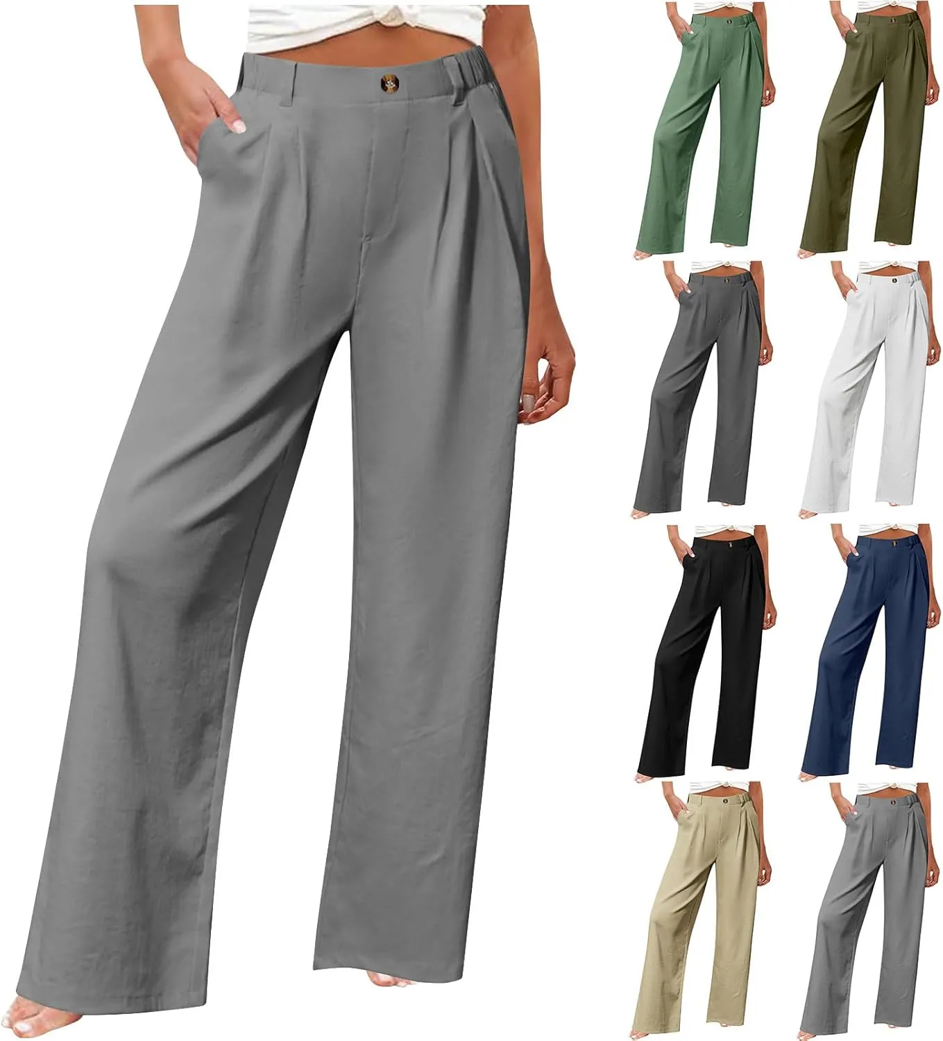 Women's High Waisted Cotton Linen Pants Wide Leg Dress Pants Palazzo Trousers Business Casual Work Pants with Pockets