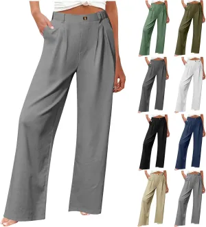 Women's High Waisted Cotton Linen Pants Wide Leg Dress Pants Palazzo Trousers Business Casual Work Pants with Pockets
