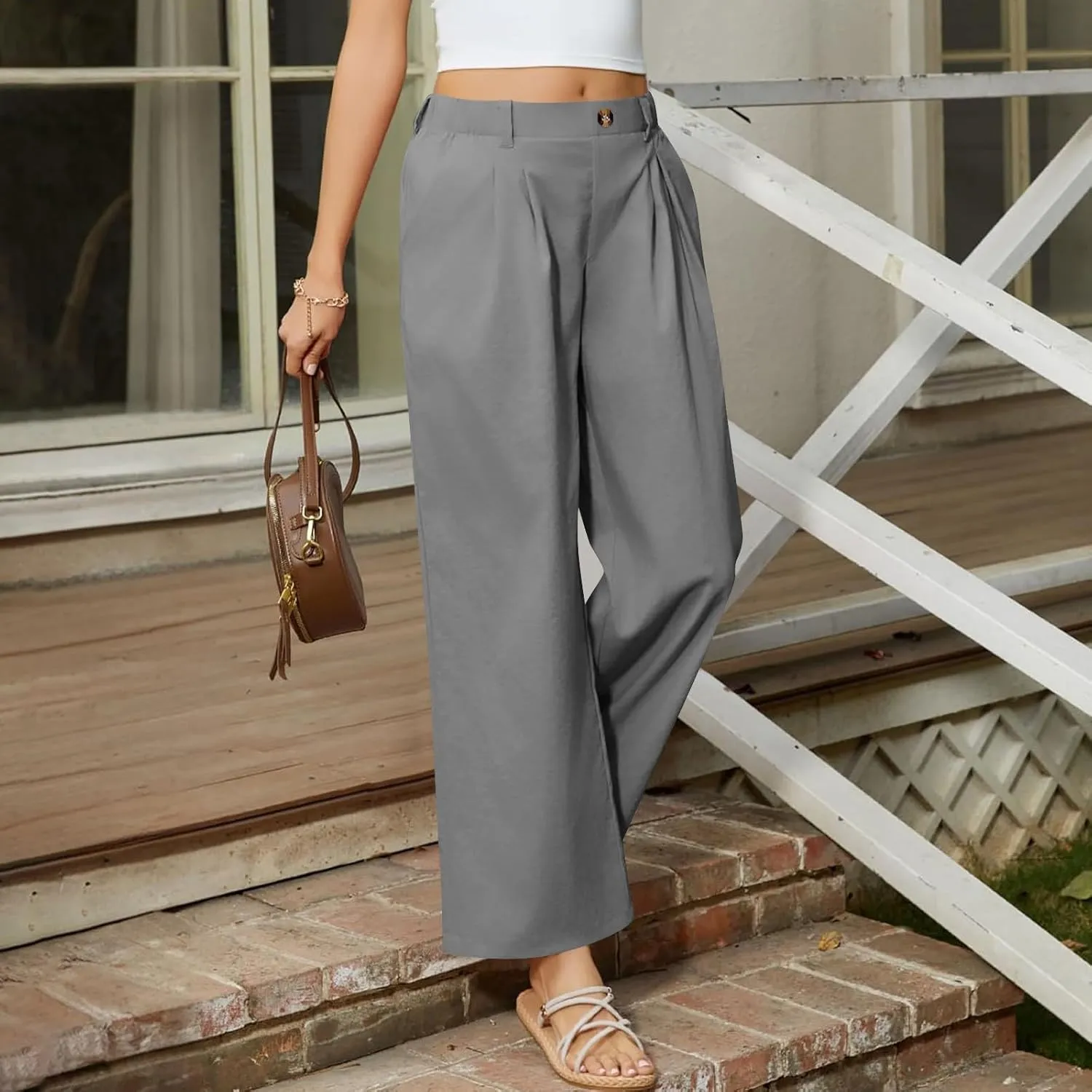 Women's High Waisted Cotton Linen Pants Wide Leg Dress Pants Palazzo Trousers Business Casual Work Pants with Pockets