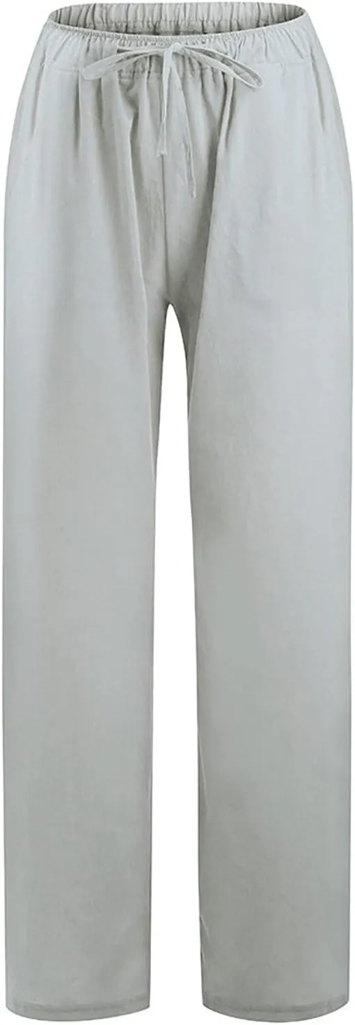 Women's Linen Blend Summer Split Flowy Pant Trousers High Waist Lounge Pants Slim-Fit Pant Trousers Vacation