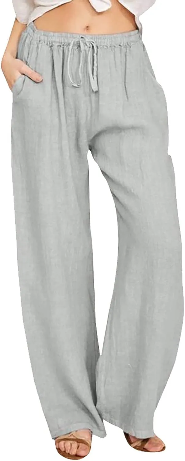 Women's Linen Blend Summer Split Flowy Pant Trousers High Waist Lounge Pants Slim-Fit Pant Trousers Vacation
