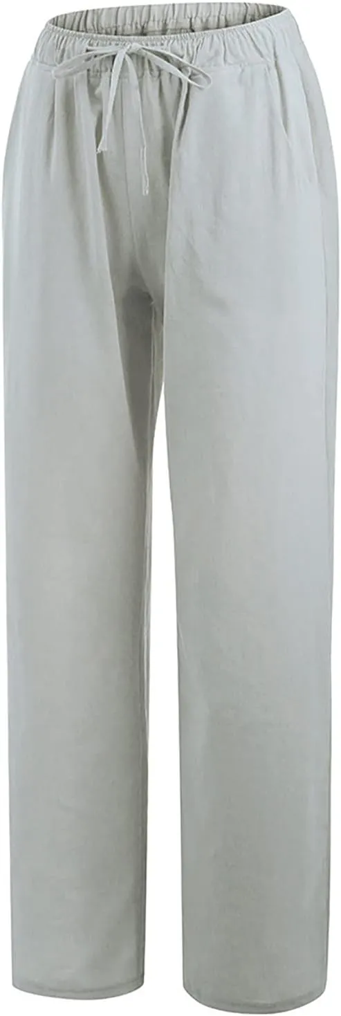 Women's Linen Blend Summer Split Flowy Pant Trousers High Waist Lounge Pants Slim-Fit Pant Trousers Vacation