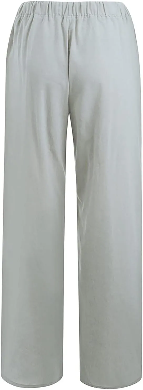 Women's Linen Blend Summer Split Flowy Pant Trousers High Waist Lounge Pants Slim-Fit Pant Trousers Vacation