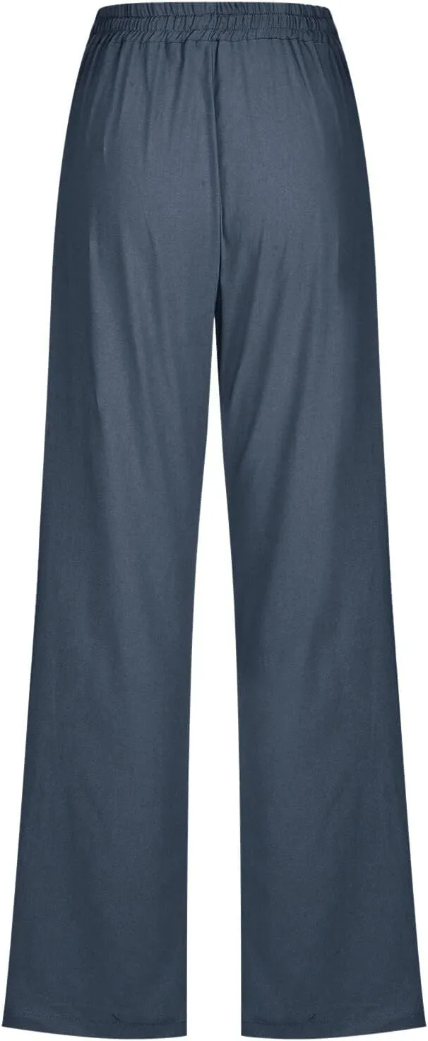 Womens Linen Blend Summer Trendy Palazzo Pants Low Waist Lounge Pants Slim-Fit Trousers Travel