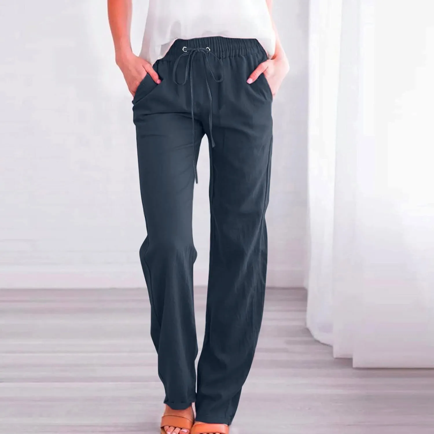 Womens Linen Blend Summer Trendy Palazzo Pants Low Waist Lounge Pants Slim-Fit Trousers Travel