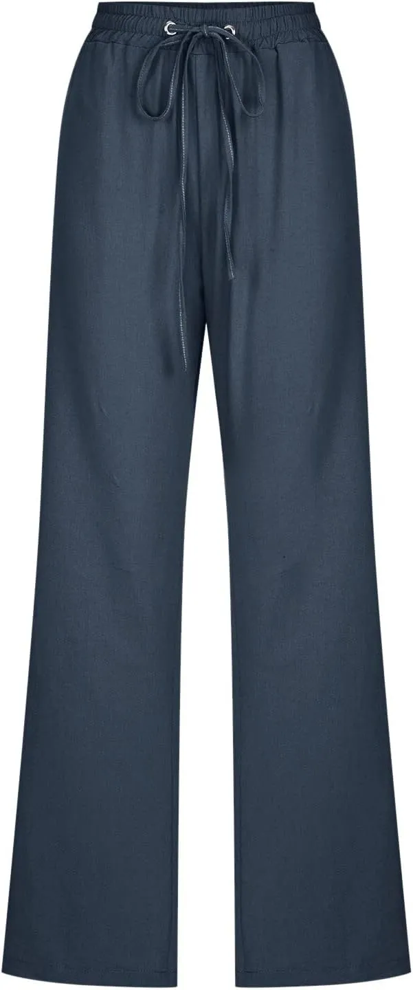 Womens Linen Blend Summer Trendy Palazzo Pants Low Waist Lounge Pants Slim-Fit Trousers Travel