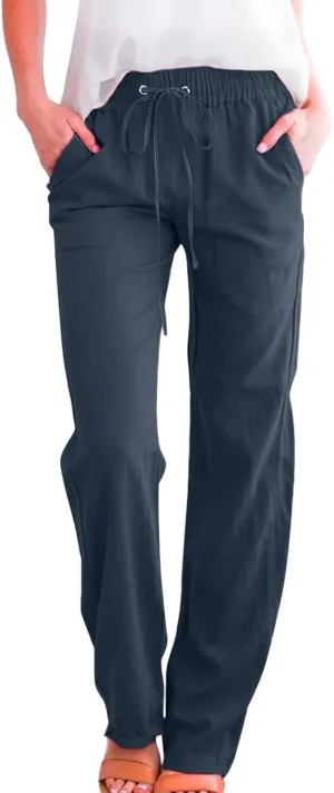 Womens Linen Blend Summer Trendy Palazzo Pants Low Waist Lounge Pants Slim-Fit Trousers Travel