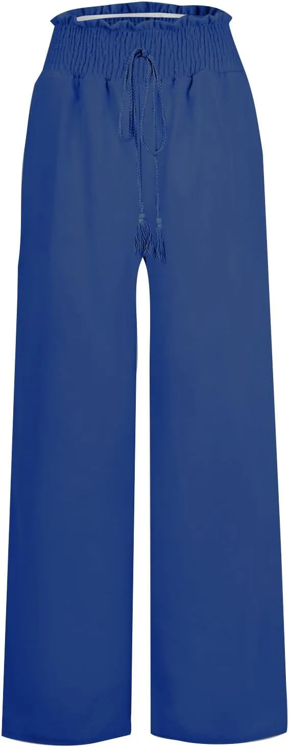Women's Linen Palazzo Lounge Pants Summer Casual Loose High Waist Wide Leg Pant Drawstring Straight Leg Trousers