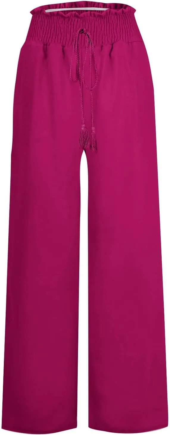 Women's Linen Palazzo Lounge Pants Summer Casual Loose High Waist Wide Leg Pant Drawstring Straight Leg Trousers