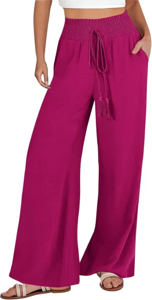 Women's Linen Palazzo Lounge Pants Summer Casual Loose High Waist Wide Leg Pant Drawstring Straight Leg Trousers