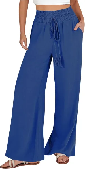 Women's Linen Palazzo Lounge Pants Summer Casual Loose High Waist Wide Leg Pant Drawstring Straight Leg Trousers