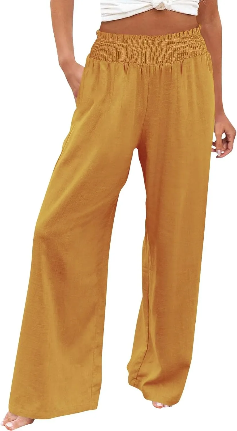 Women's Linen Palazzo Pants Wide Leg High Waistband Summer Boho Trousers Casual Travel Vacation Lounge Comfy Outfits
