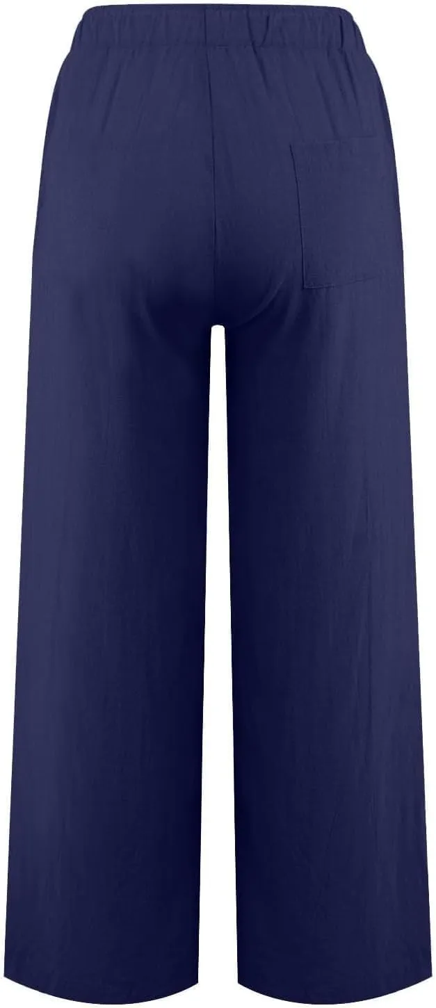 Women's Linen Pants 2025 Summer Cotton Wide Leg Casual Comfy Drawstring High Waist Palazzo Pants Trousers with Pockets