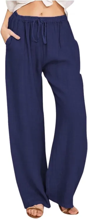 Women's Linen Pants 2025 Summer Cotton Wide Leg Casual Comfy Drawstring High Waist Palazzo Pants Trousers with Pockets