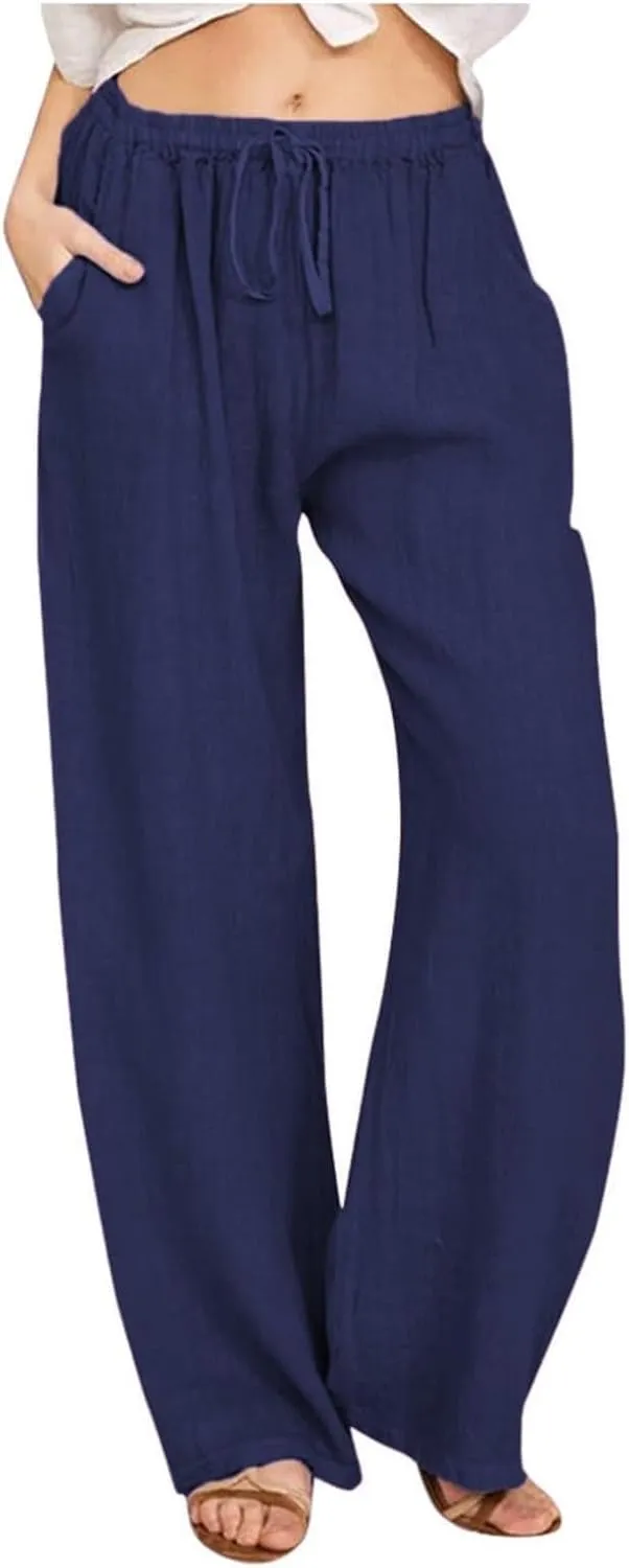 Women's Linen Pants 2025 Summer Cotton Wide Leg Casual Comfy Drawstring High Waist Palazzo Pants Trousers with Pockets