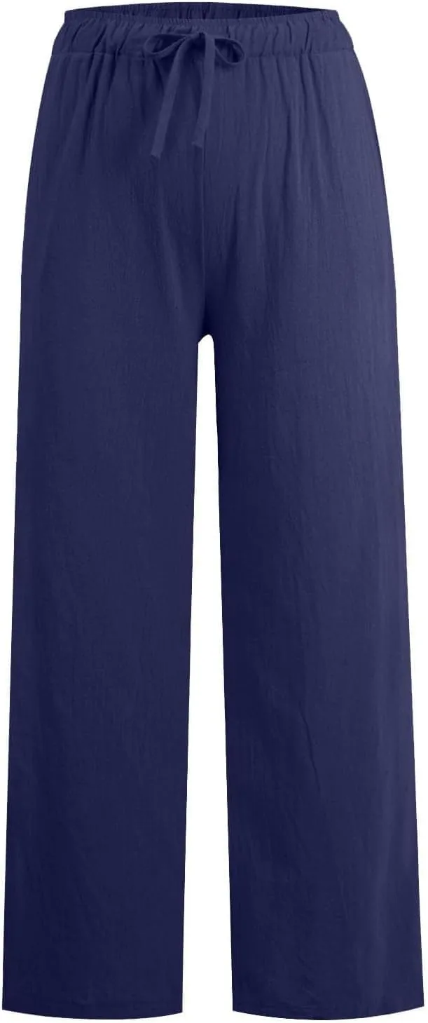 Women's Linen Pants 2025 Summer Cotton Wide Leg Casual Comfy Drawstring High Waist Palazzo Pants Trousers with Pockets