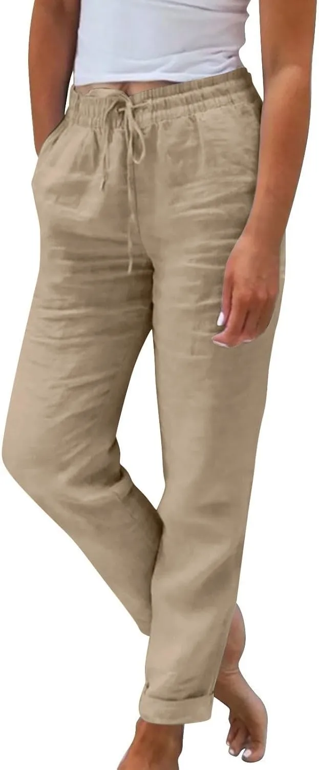 Womens Linen Pants Casual Straight Leg Lounge Pants Elastic High Waisted Drawstring Lightweight Trousers with Pockets