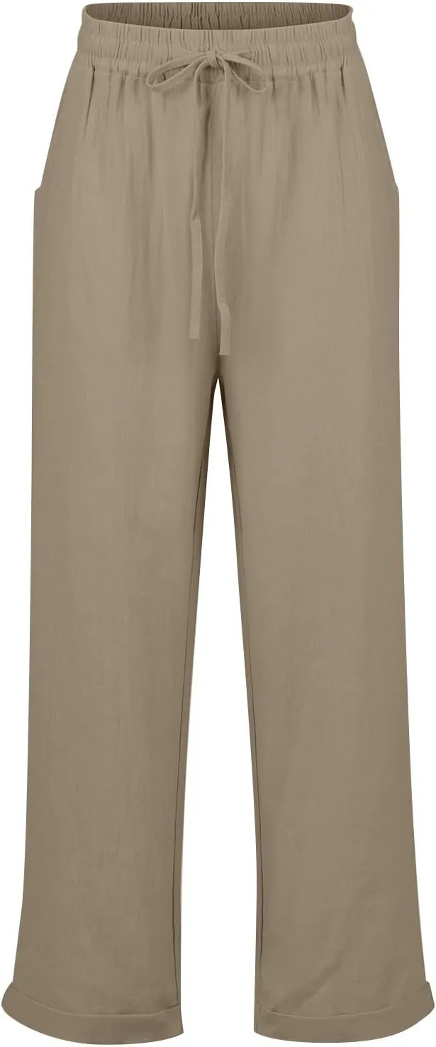 Womens Linen Pants Casual Straight Leg Lounge Pants Elastic High Waisted Drawstring Lightweight Trousers with Pockets