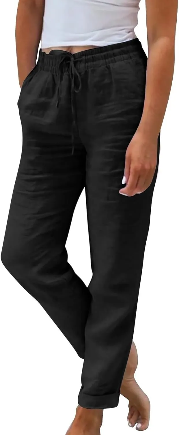 Womens Linen Pants Casual Straight Leg Lounge Pants Elastic High Waisted Drawstring Lightweight Trousers with Pockets