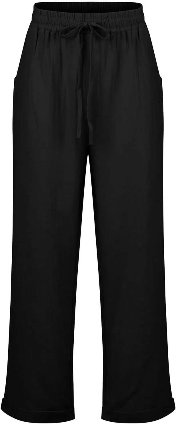 Womens Linen Pants Casual Straight Leg Lounge Pants Elastic High Waisted Drawstring Lightweight Trousers with Pockets