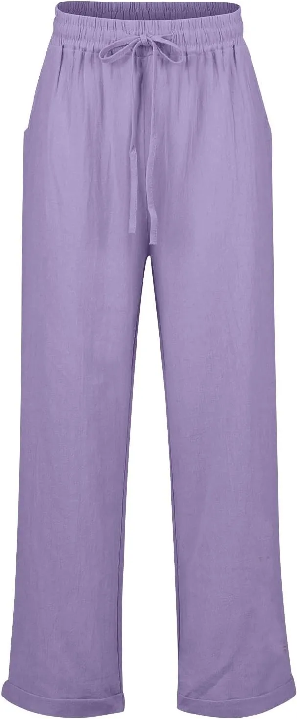 Womens Linen Pants Casual Straight Leg Lounge Pants Elastic High Waisted Drawstring Lightweight Trousers with Pockets