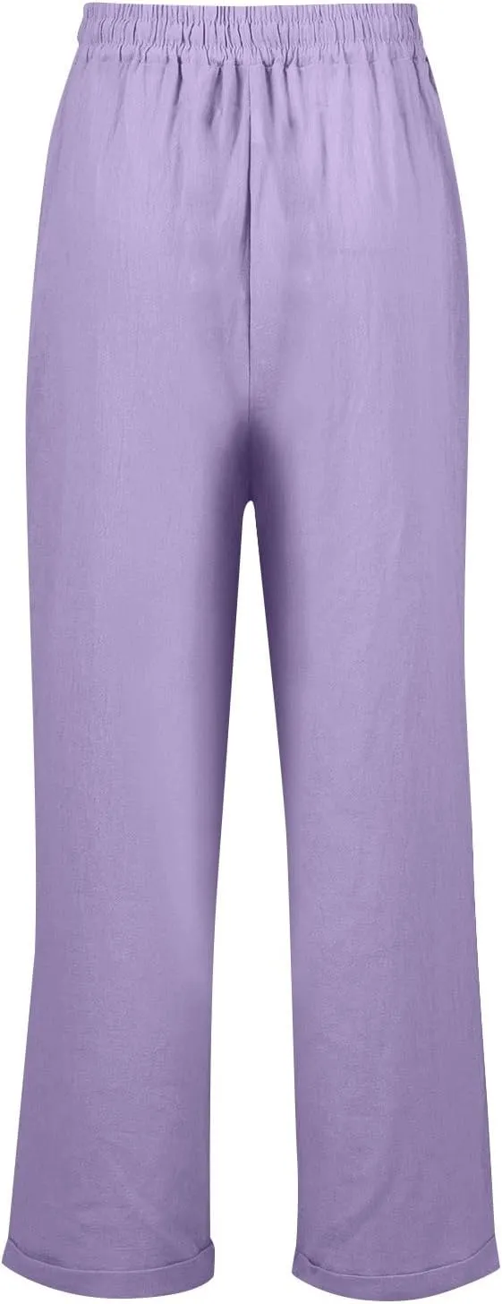 Womens Linen Pants Casual Straight Leg Lounge Pants Elastic High Waisted Drawstring Lightweight Trousers with Pockets
