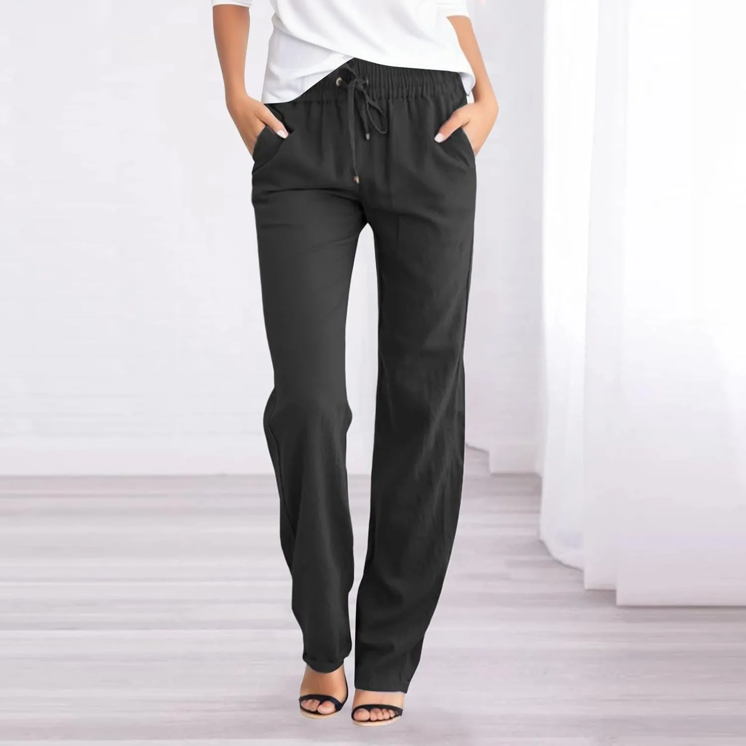 Womens Linen Summer Comfy Palazzo Pants High Waist Baggy Stretchy Plus Size Pant Trousers Office