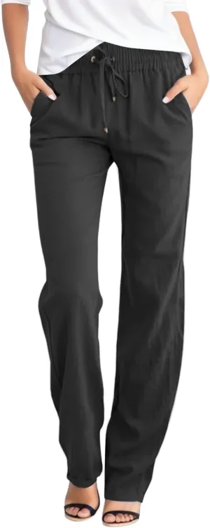 Womens Linen Summer Comfy Palazzo Pants High Waist Baggy Stretchy Plus Size Pant Trousers Office