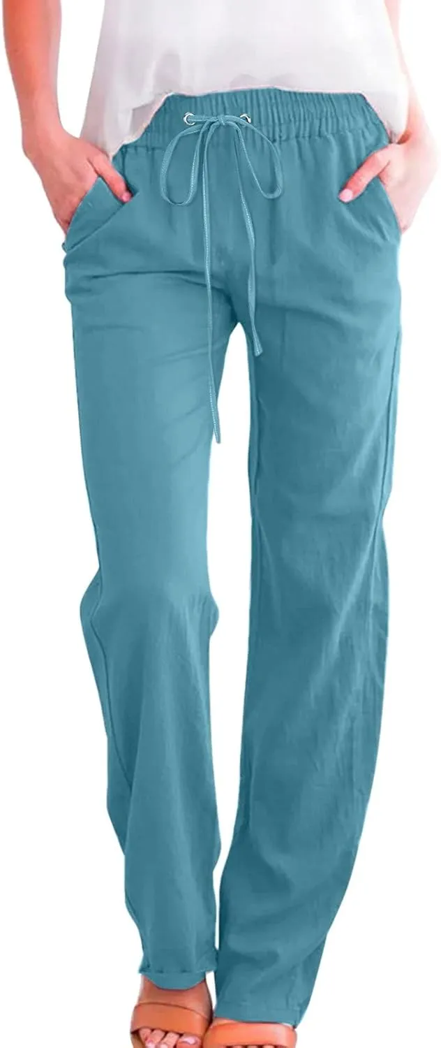 Womens Linen Summer Drawstring Palazzo Pants High Waist Bootcut Loose Fit Pant Trousers Work Business