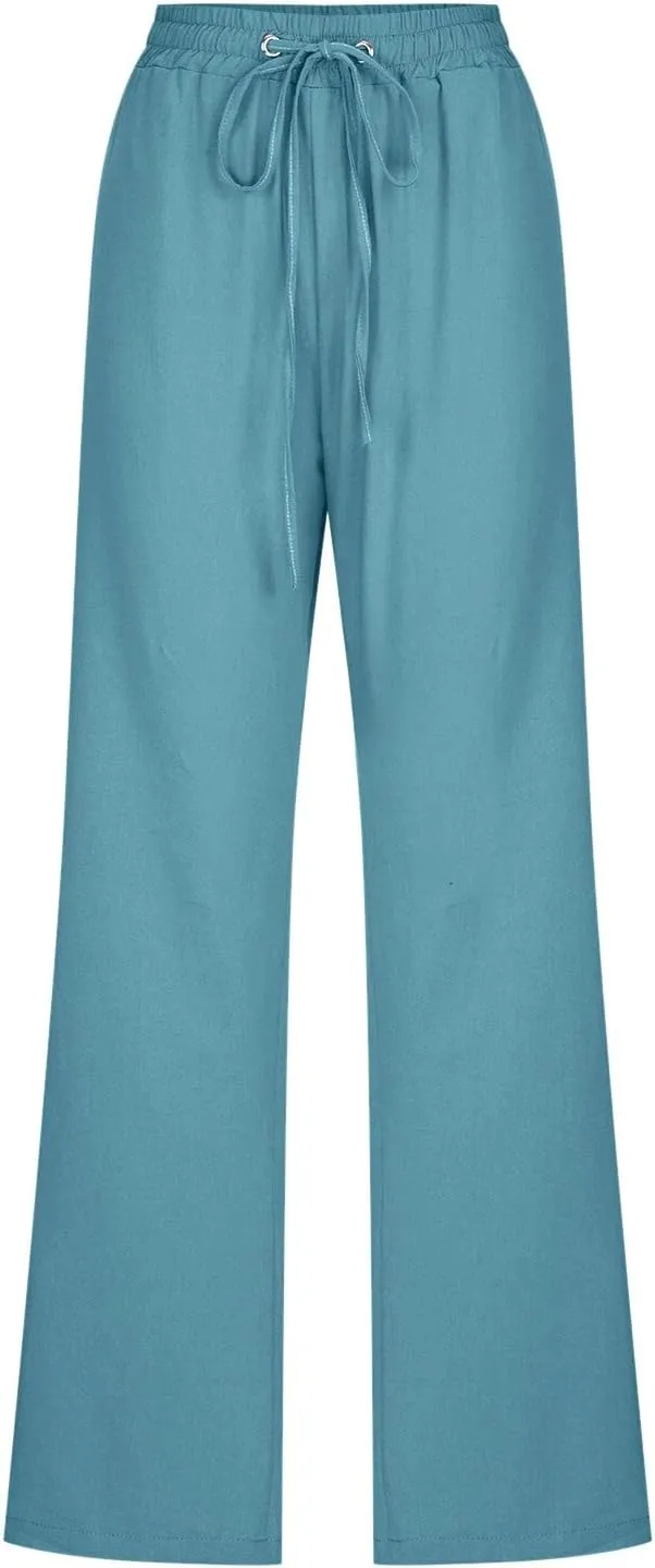Womens Linen Summer Drawstring Palazzo Pants High Waist Bootcut Loose Fit Pant Trousers Work Business