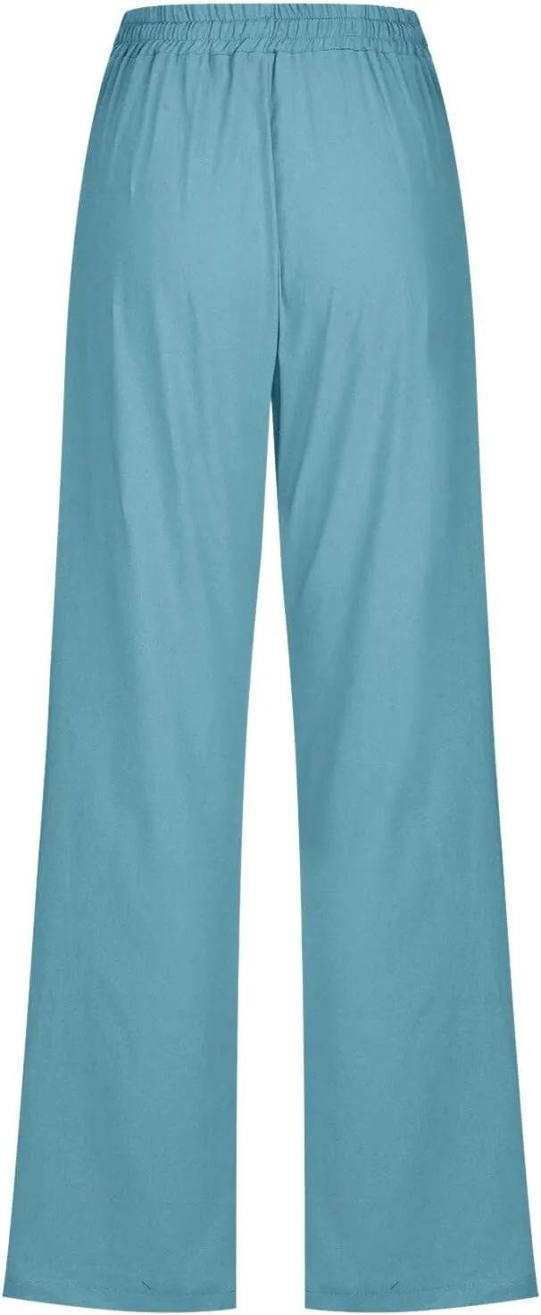 Womens Linen Summer Drawstring Palazzo Pants High Waist Bootcut Loose Fit Pant Trousers Work Business